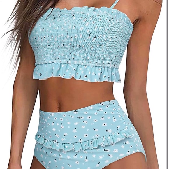 MOOSLOVER Women's Shirred Bandeau Bikini Top High Waisted Bottom 2 P Swimsuits - Picture 2 of 9